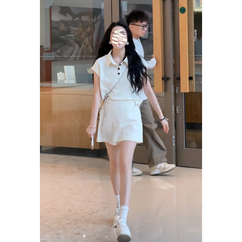 2025夏季新款女韩系穿搭修身翻领短袖上衣气质高腰显瘦A字半身裙