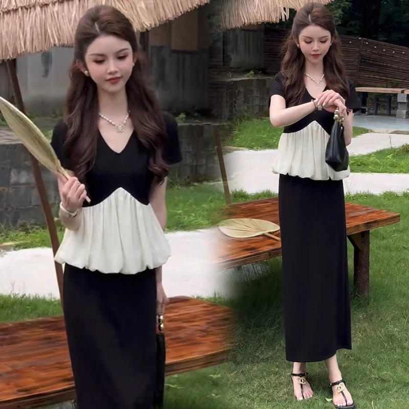 时尚法式套装裙女夏季洋气质一整套穿搭拼接撞色上衣半身裙两件套