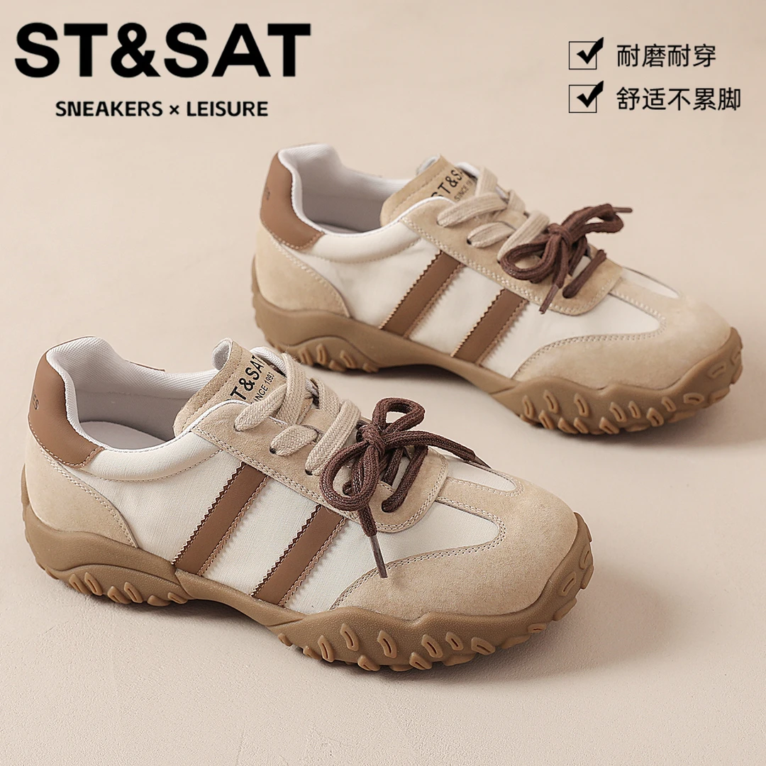 星期六真皮德训鞋女2025新款拼色防滑阿甘鞋复古百搭休闲运动女鞋