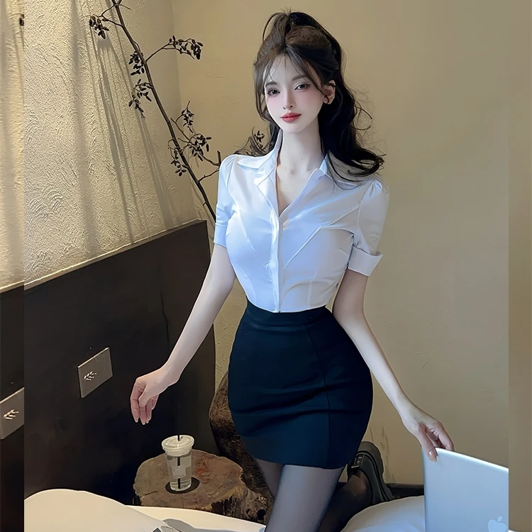 纯欲风夏季制服包臀裙套装收腰显瘦辣妹衬衫上衣包臀裙工作服套装