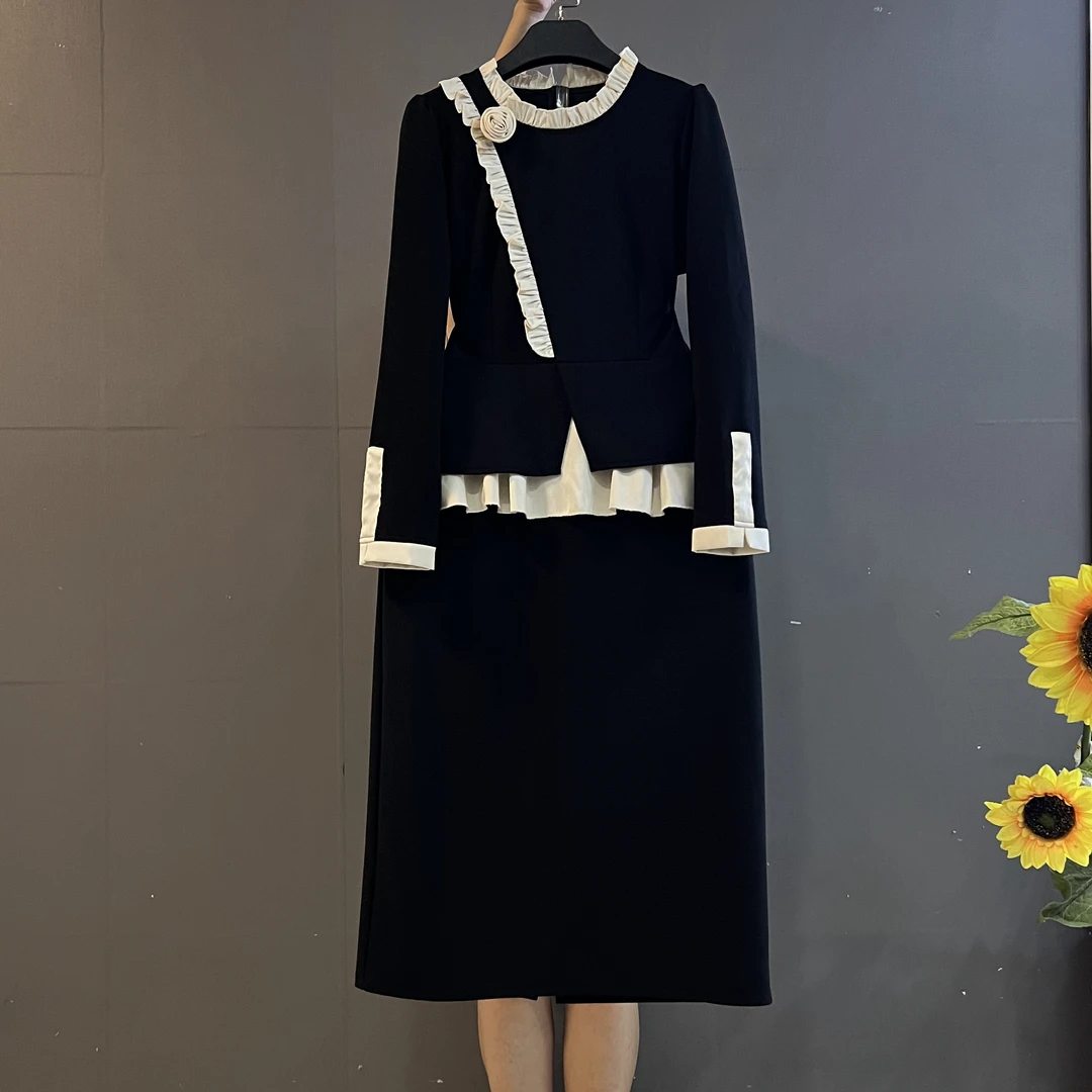 欧货新款时尚重工立体花朵拼接假两件收腰显瘦气质连衣裙