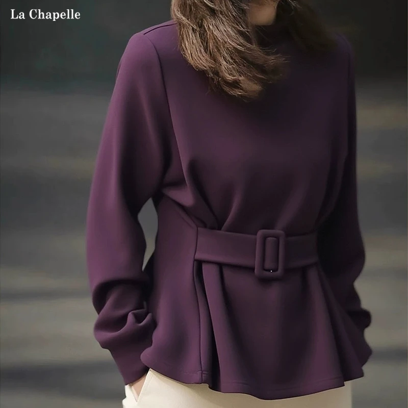 拉夏贝尔氛围感紫色长袖T恤女2025早秋高级感轻熟收腰打底衫上衣