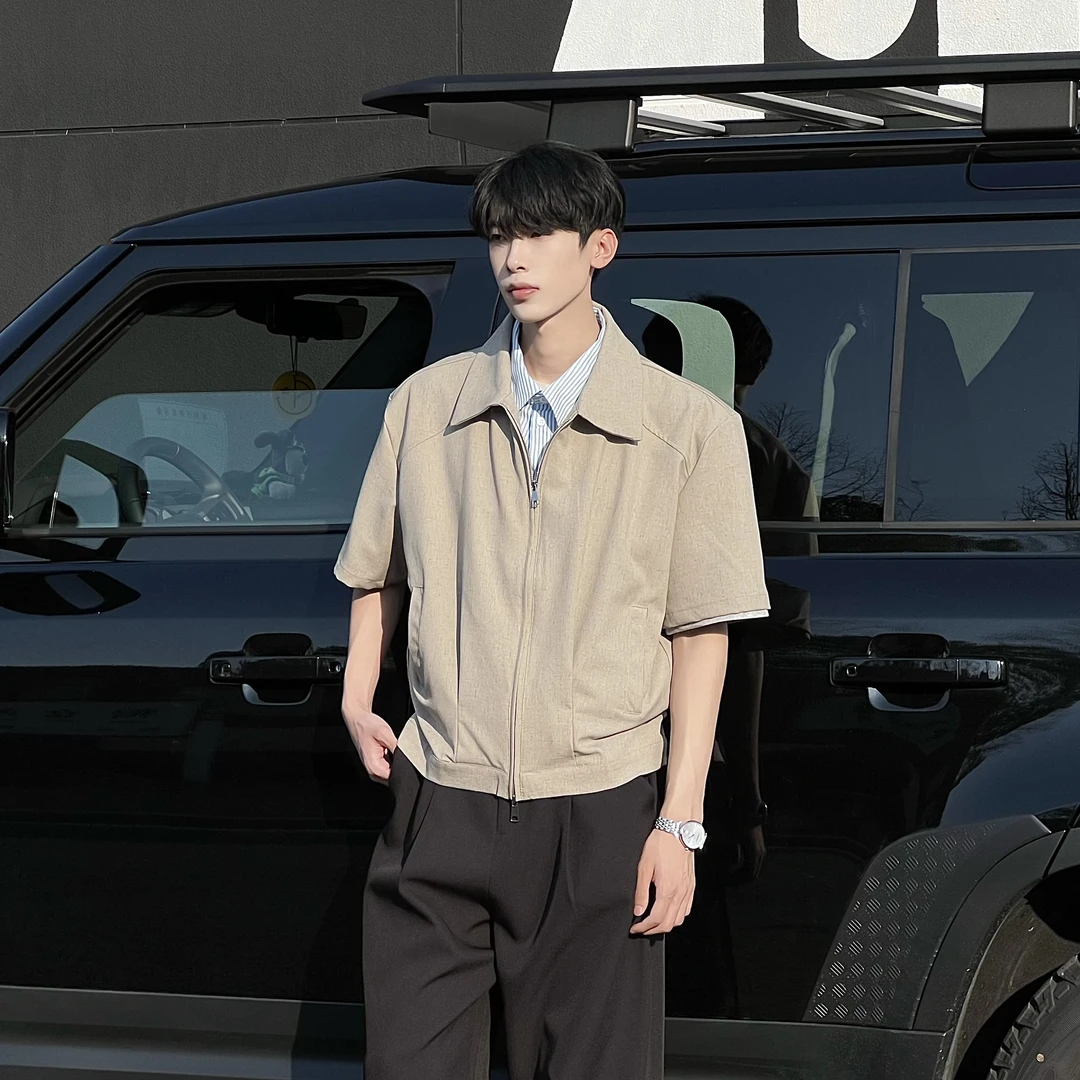 【韩韩APNDIP】短款拉链夏季短袖尖领衬衫休闲百搭翻领黑色ins春秋