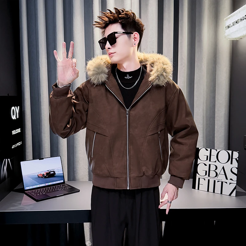 痞帅连帽外套男士潮牌PU皮棉袄冬季新款潮流加厚保暖休闲男款棉服