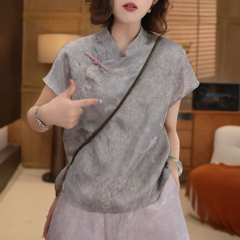 设计国风上衣女夏提花旗袍短袖小衫立领斜襟盘扣桑蚕丝新中式衬衫