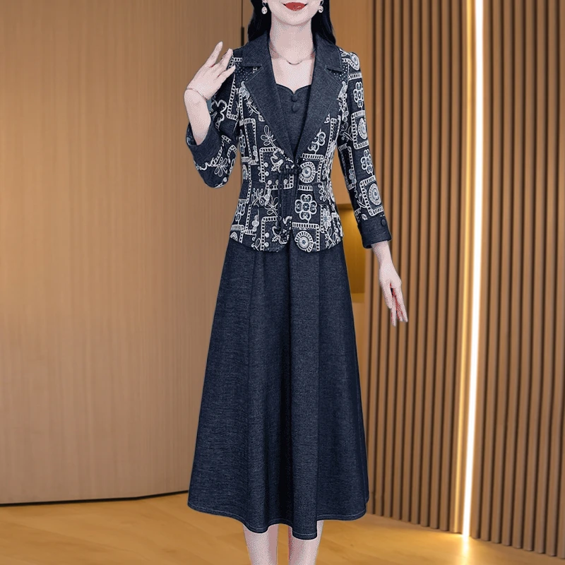 拉夏贝尔牛仔复古减龄连衣裙2025女开春时尚显瘦精致气质两件套装