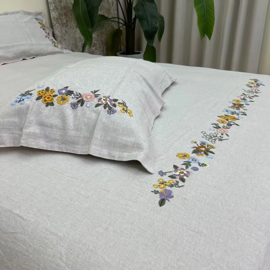 【汉麻印花手绣床单】100%汉麻印花手绣床单床盖单人汉麻床单三件套