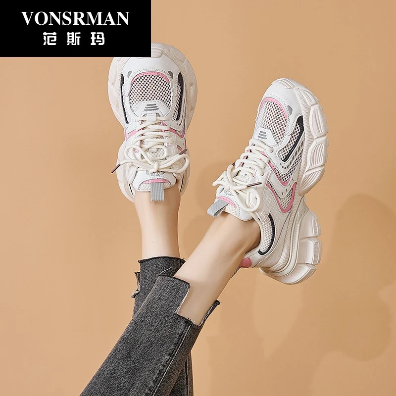 夏季网面透气老爹鞋女2025新款超火轻便厚底休闲百搭显脚小运动鞋