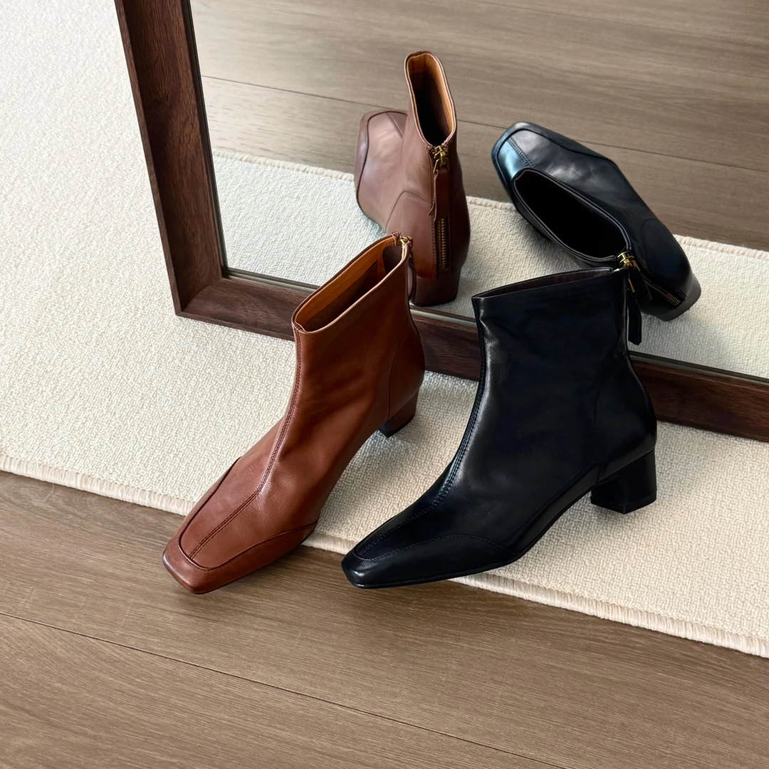 HUSSLOVE 头层牛皮·跟高4CM·复古水洗时装靴百搭秋冬女鞋高跟女靴