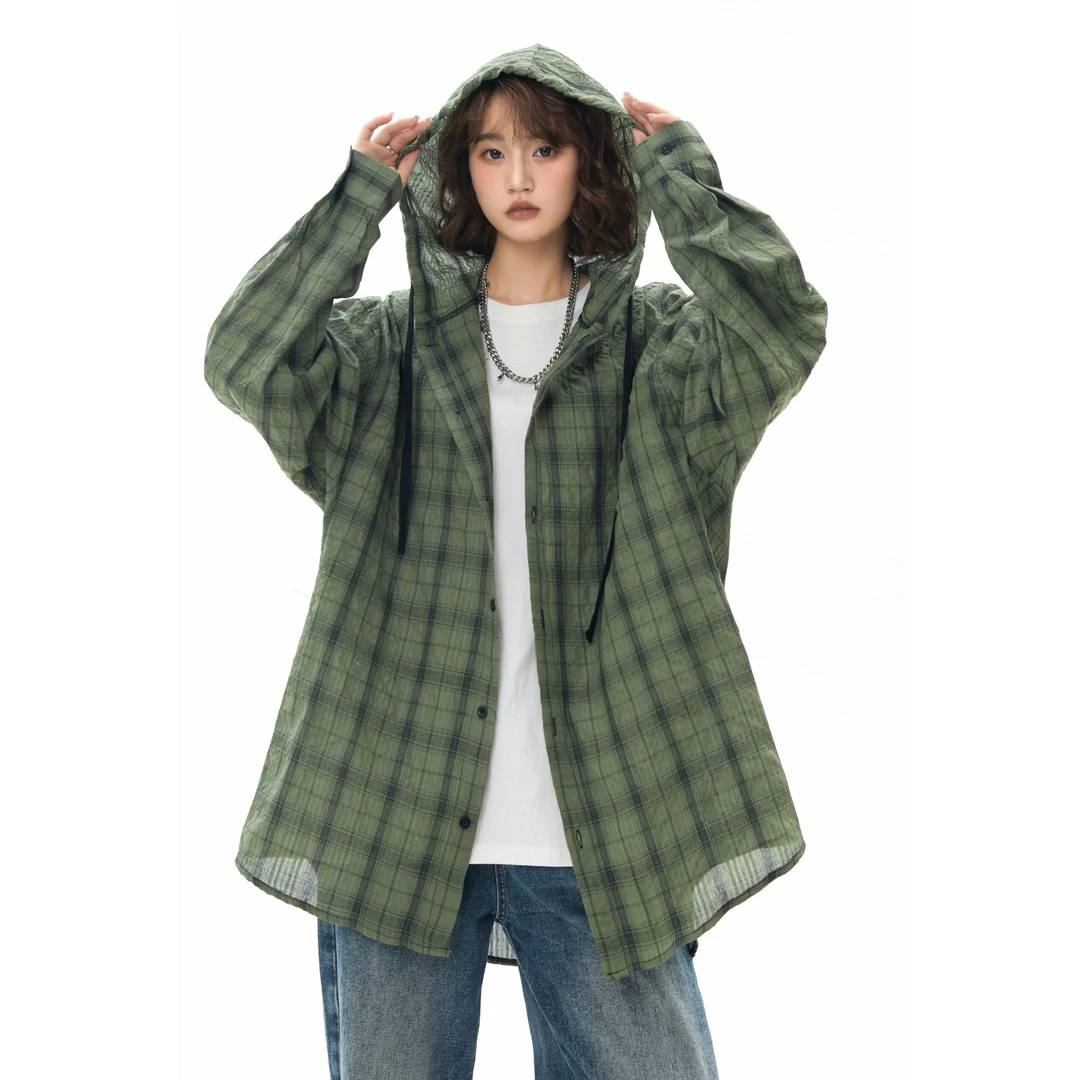 绿色连帽格子防晒衬衫男女款夏季美式复古休闲学院风长袖衬衣外套