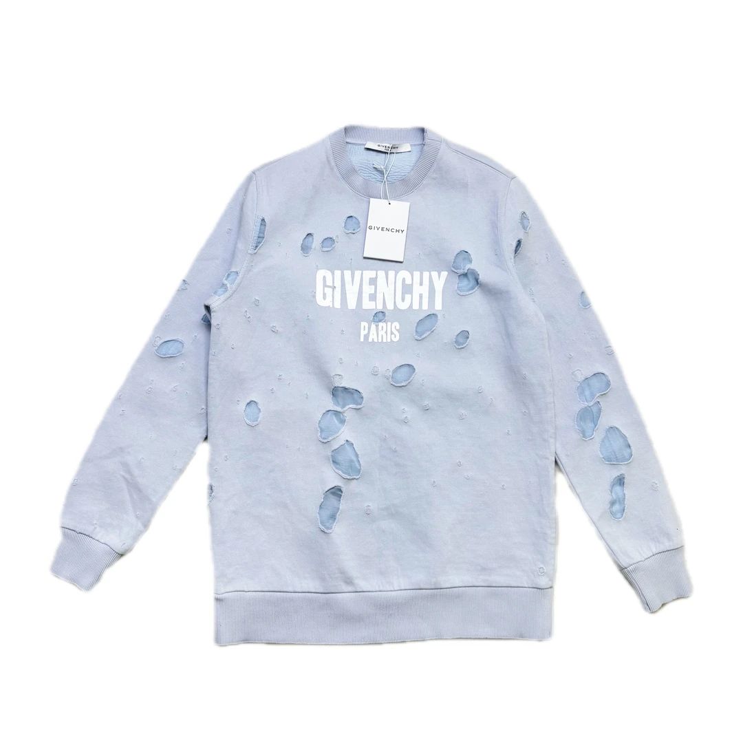 99新 Givenchy/纪梵希 gvc淡蓝色大破坏印花logo卫衣xs码