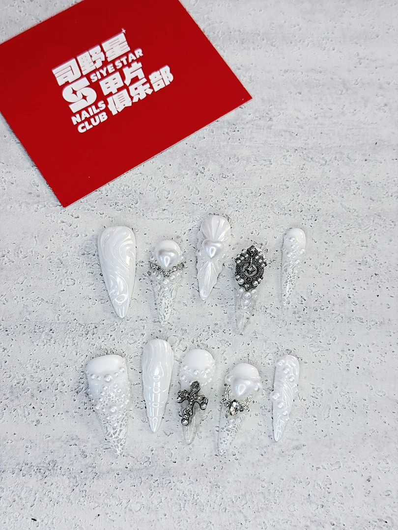 ［56］司野星甲片俱乐部•「婚纱」珍珠缎光蕾丝婚甲手工光疗甲片