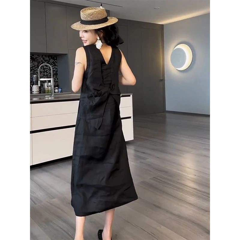 韩版休闲显瘦无袖V领麻裙潮2025夏季新款洋气简约风纯色连衣裙