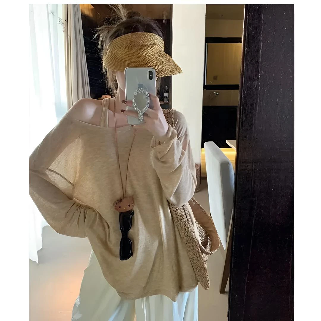 2025春防晒真两件慵懒风工字背心微透宽松长袖上衣女温柔气质上衣
