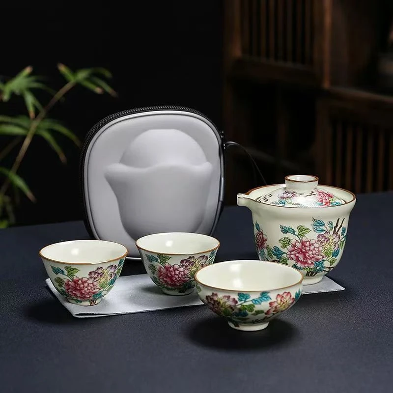 A025汝窑牡丹快客杯便携旅行户外车载茶具陶瓷功夫茶具商务伴手礼