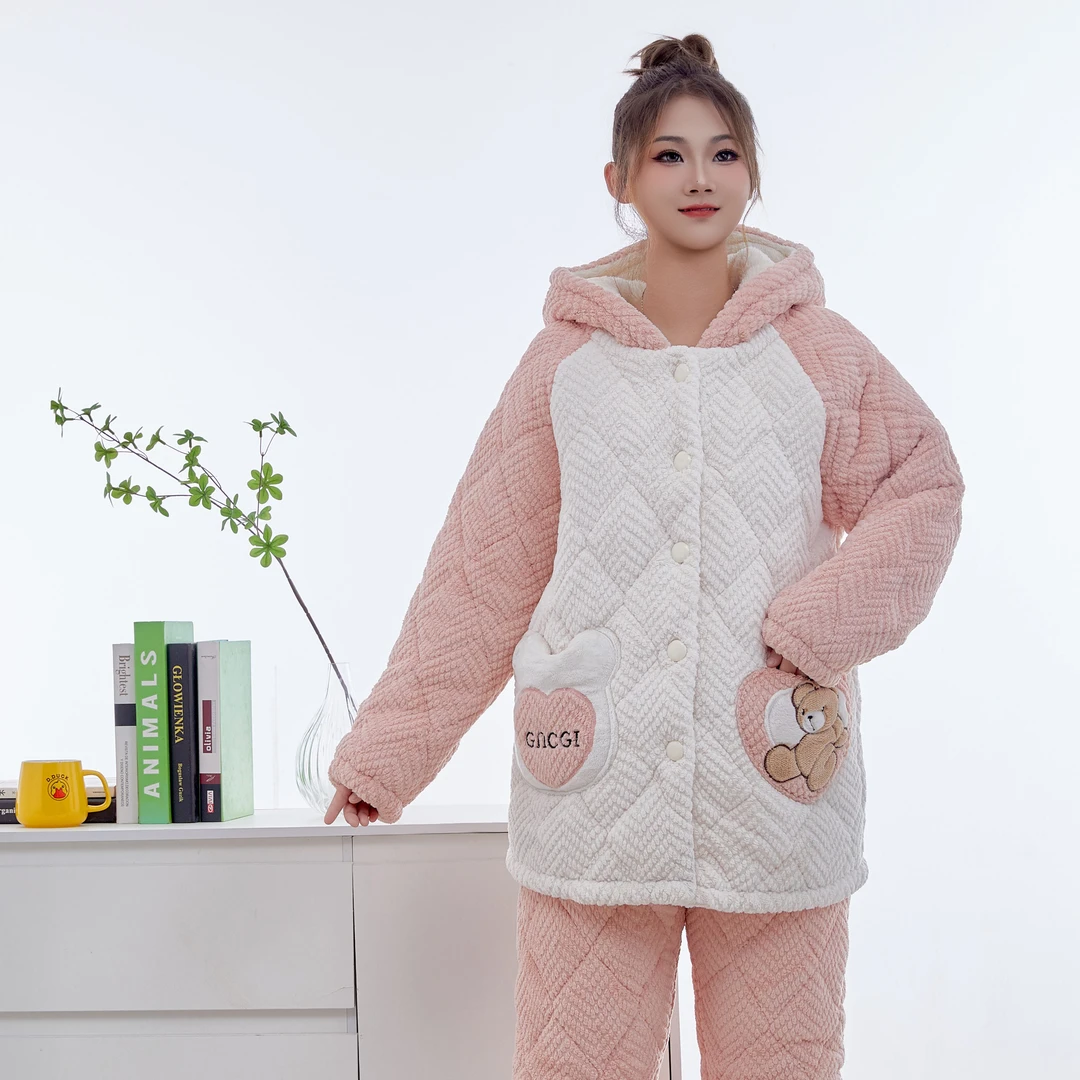 冬款7151女士夹棉睡衣时尚三层夹棉加厚舒适家居服套装加绒保暖