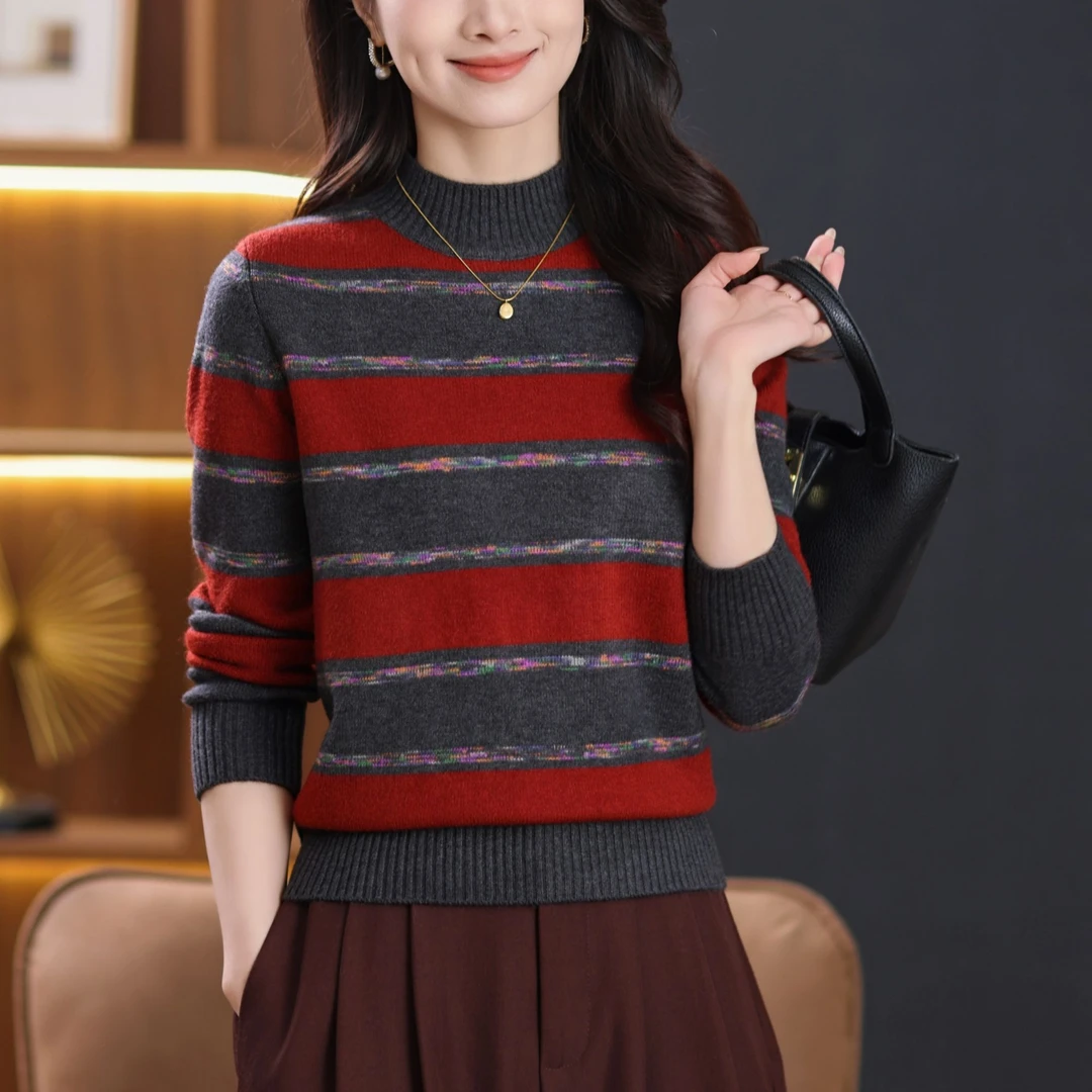 2025春季新款打底半高领毛衣显瘦条纹针织衫加厚红色宽松洋气女装