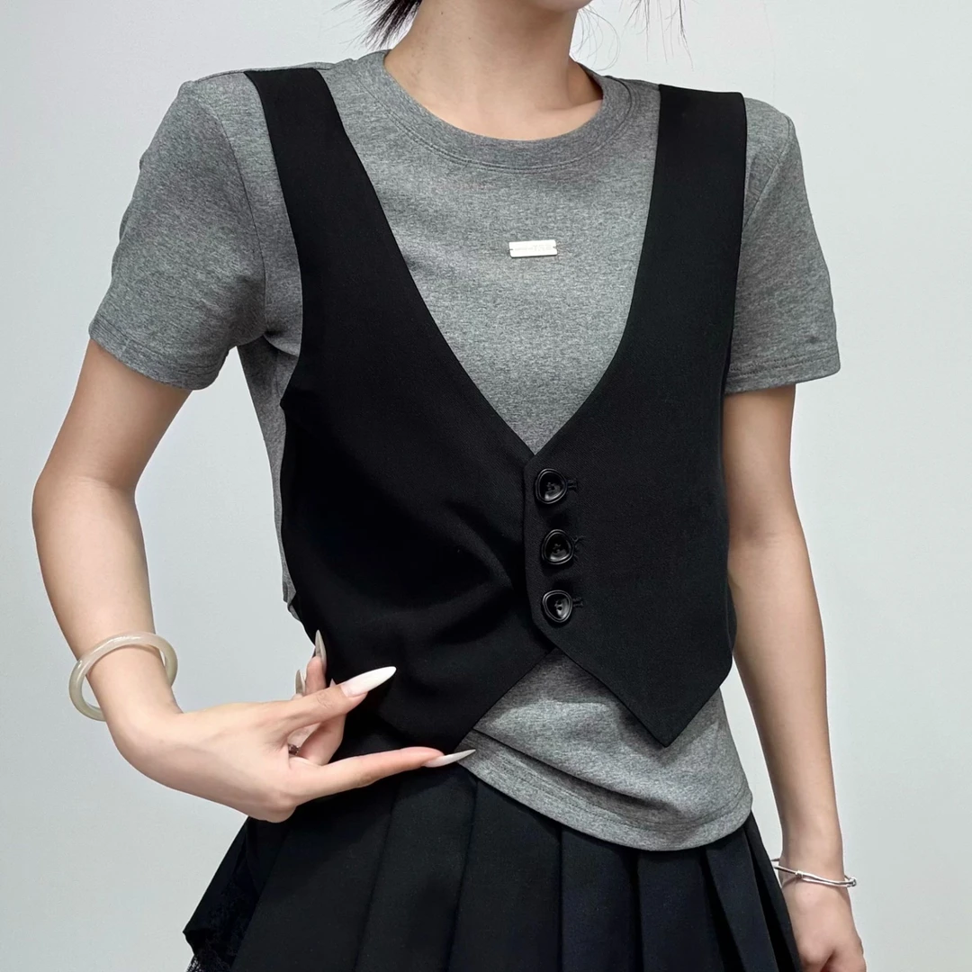 25C2042#欧洲站春季新款百搭圆领短袖T恤拼接马甲两件套女上衣