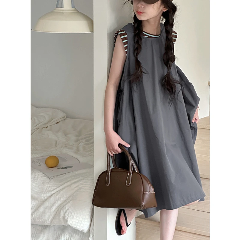 K28406叠穿条纹女童套装连衣裙子夏装新款2025儿童背心休闲两件套