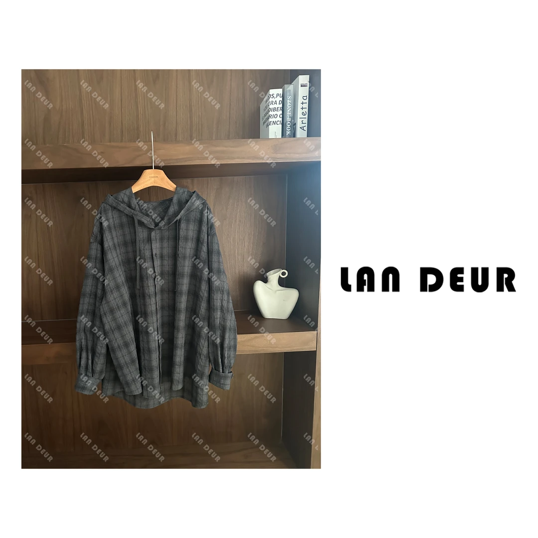 【一树梨花】小众灰紫色格子韩版连帽休闲气质薄款中长款衬衫女上衣