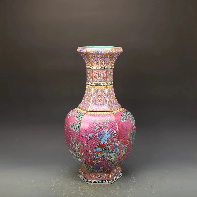 景德镇胭脂红六方花瓶赏瓶