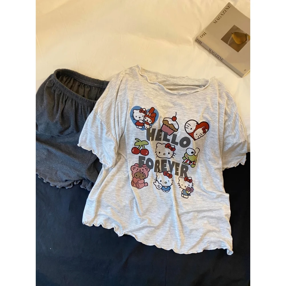 甜美可爱休闲显瘦kitty短袖睡衣女夏季新款T恤大码短裤套装家居服