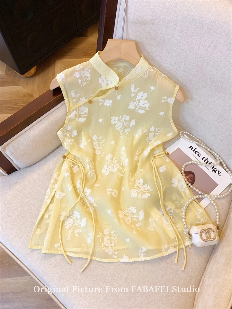 夏季新中式小众黄色花卉蕾丝衫国风盘扣旗袍领衬衫无袖网纱小上衣