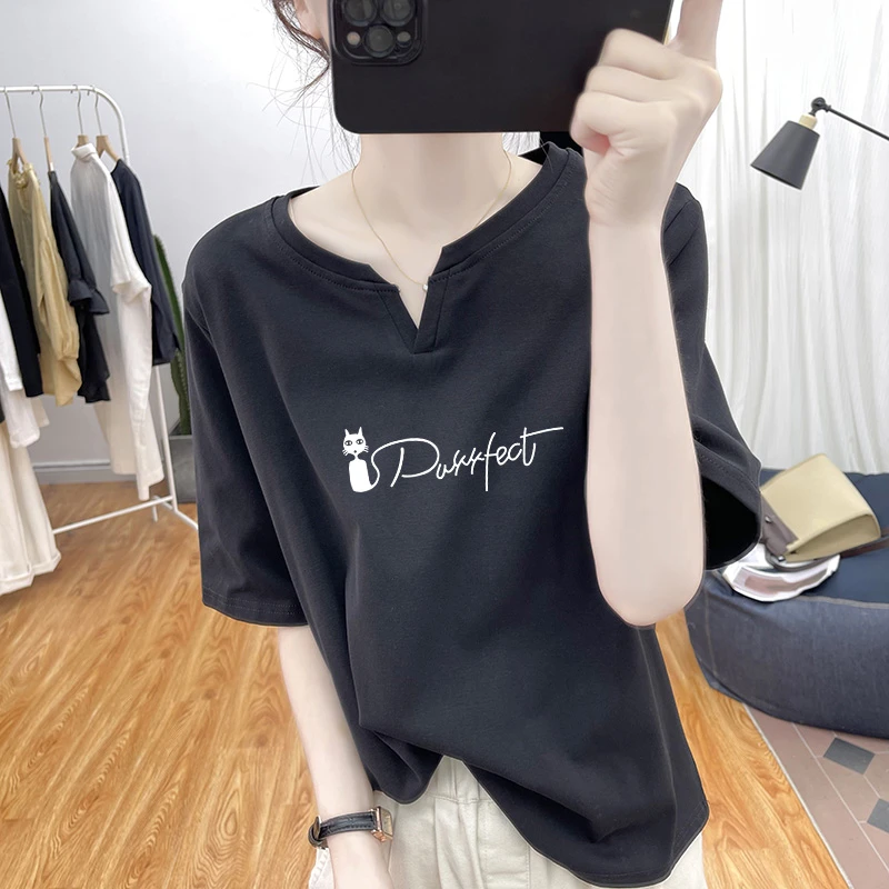 时尚小V领短袖T恤女2025夏装韩系宽松减龄上衣印花复古半袖体恤衫