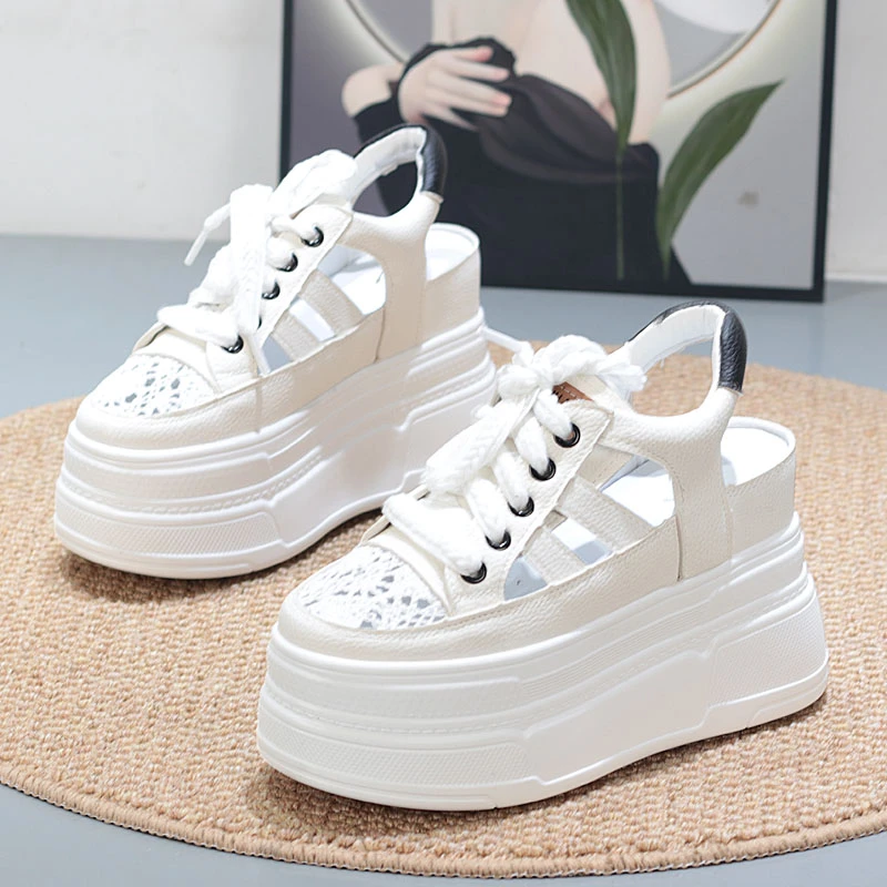 2025夏镂空透气厚底松糕小白鞋超高跟内增高10CM小个子休闲运动鞋