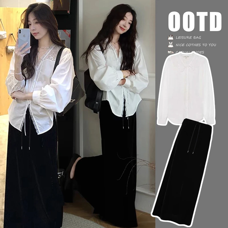 2025春季新款娃娃领蕾丝拼接衬衫无托腹丝绒半身裙孕妇套装两件套