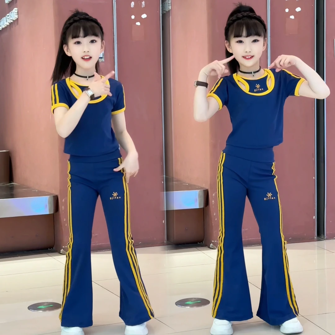 女童夏季织带套装条纹短袖上衣爵士舞喇叭裤运动风两件套