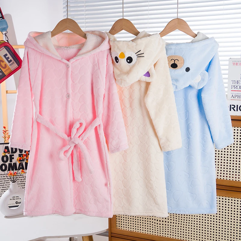 儿童浴袍女童卡通连帽长袖浴袍保暖少女风睡袍居家男童卡通家居服