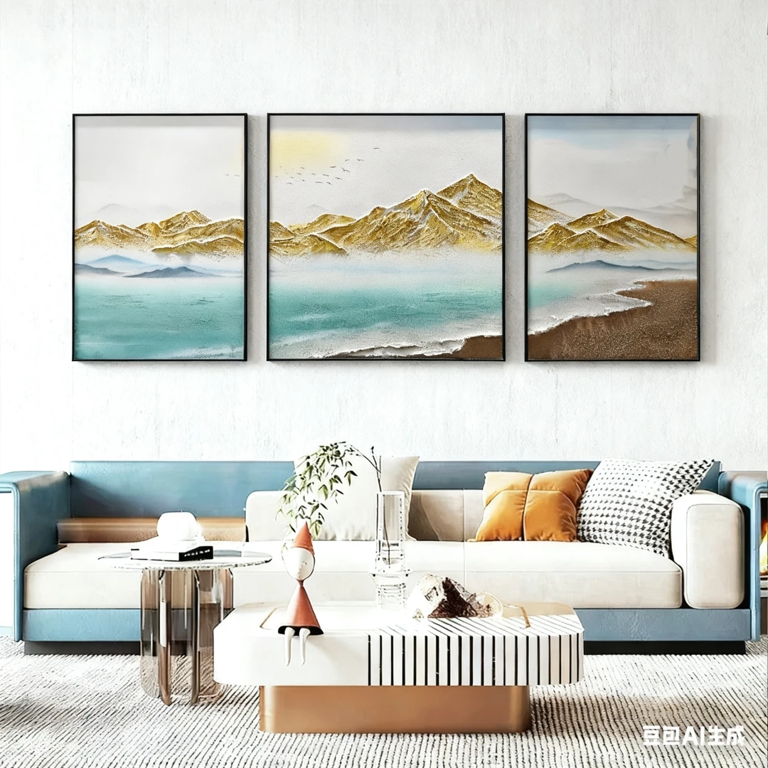 简约客厅沙发背景墙三联装饰画手工机理油画