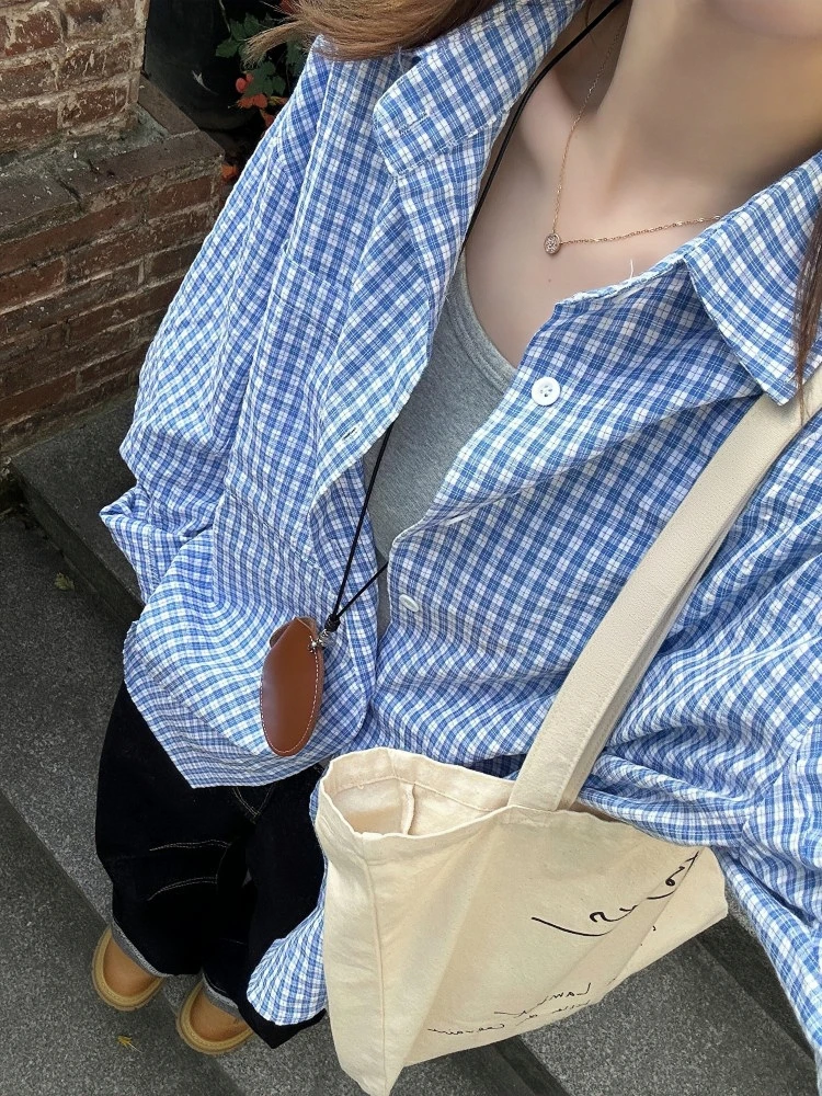 蓝白格子衬衫女慵懒风2025春秋韩系宽松休闲衬衣长袖防晒上衣外套