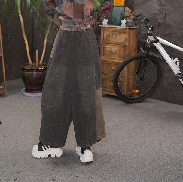 个性水洗牛仔拼接新款松紧腰九分牛仔裤宽松显瘦休闲哈伦复古大码