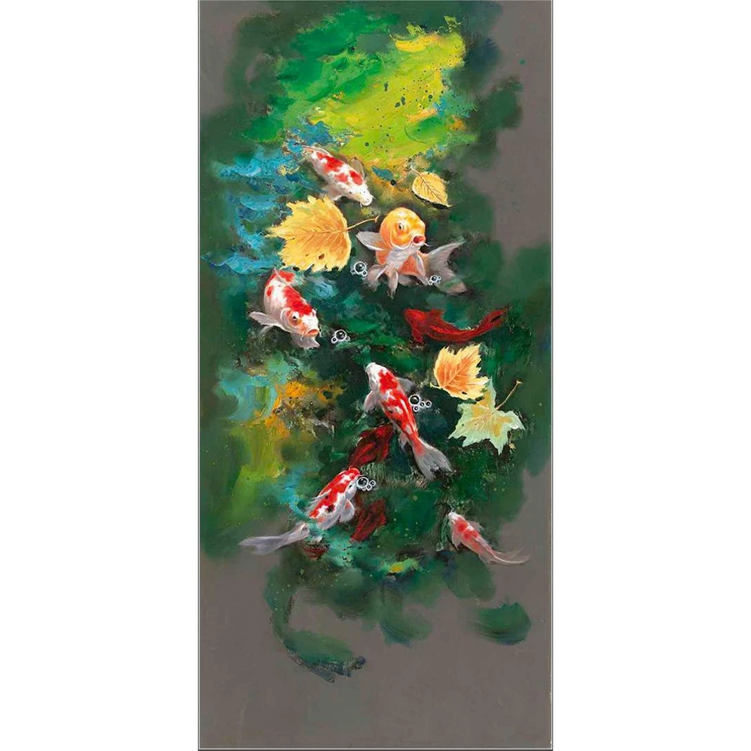 【九鲤图】寓意：长长久久  装饰画 油画客厅玄关办公室茶室挂画