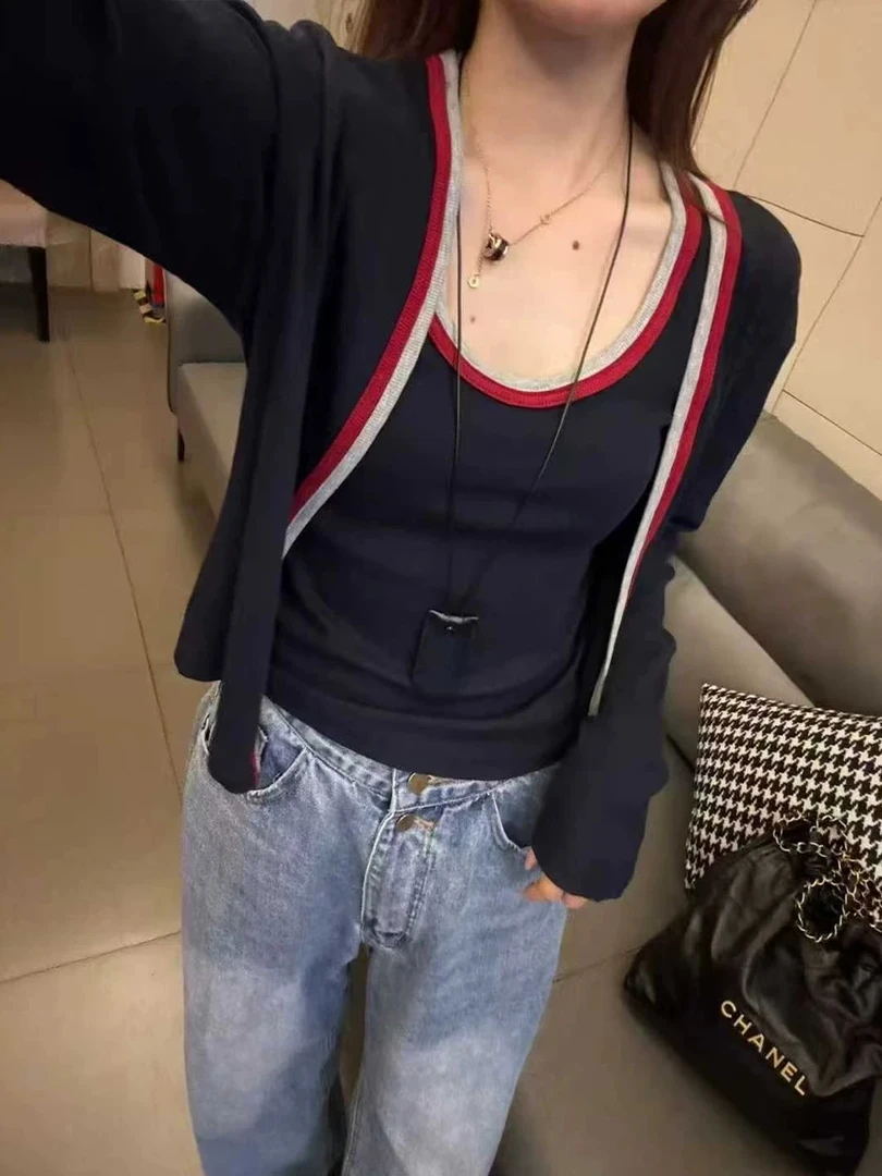 开衫小外套女2025秋季款韩版时尚别致撞色吊带两件套洋气百搭上衣