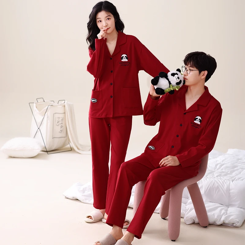 芬腾可安【弹力纯棉】秋冬新款熊猫红色情侣睡衣结婚舒适家居服套装