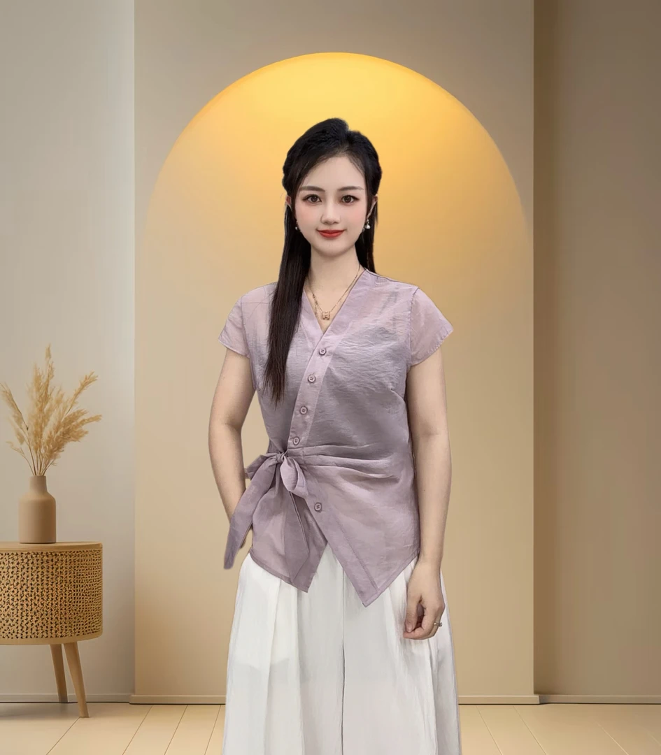 夏款V领绑带设计感时尚百搭短袖显瘦上衣女6628