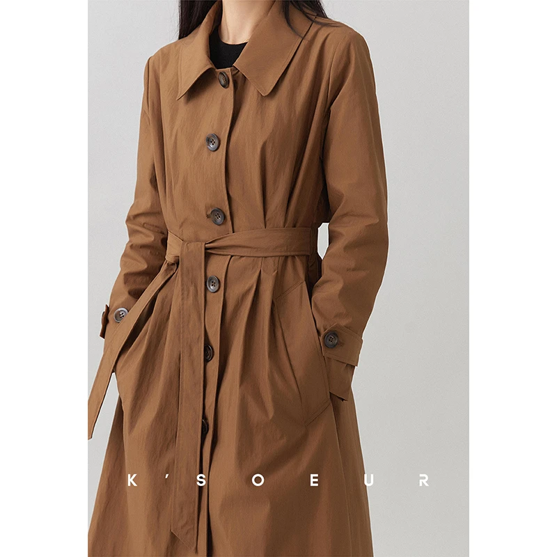 K姐KSOEUR【早八风衣】翻领单排扣收腰 中长款通勤休闲风衣外套