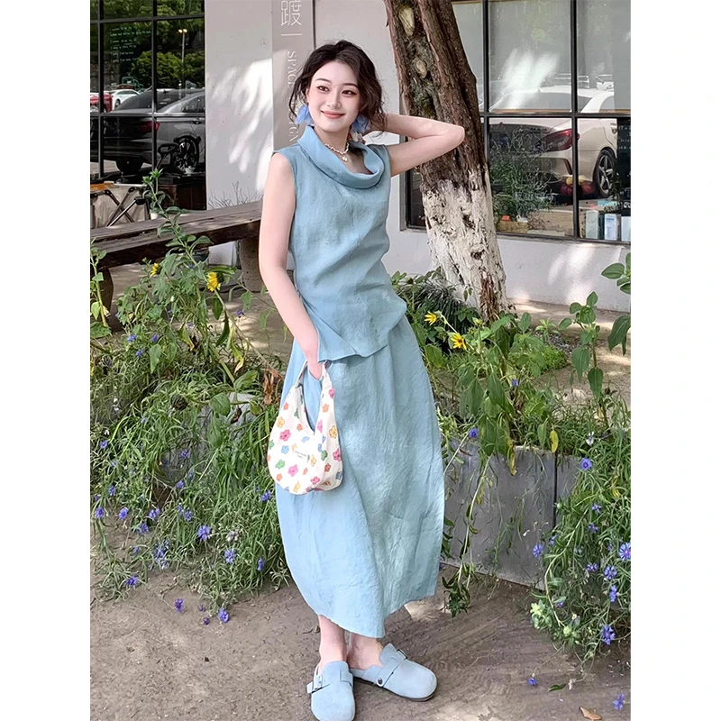 2025超火夏装一整套韩系穿搭洋气减龄蓝色荡领上衣花苞半身裙套装