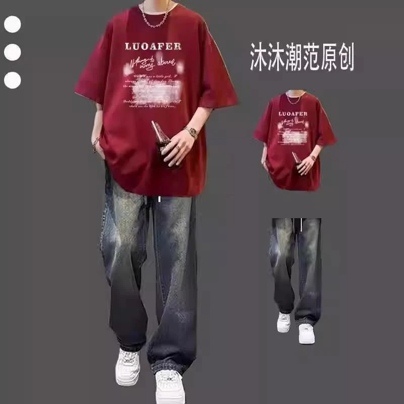 夏季美式hiphop风短袖t恤套装男款青少年潮牌痞帅休闲潮流两件套