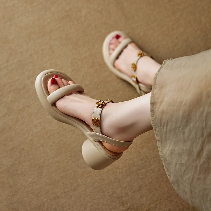 菓苒6cm粗跟厚底气质法式优雅简约百搭一字带凉鞋高跟杏色真皮鞋