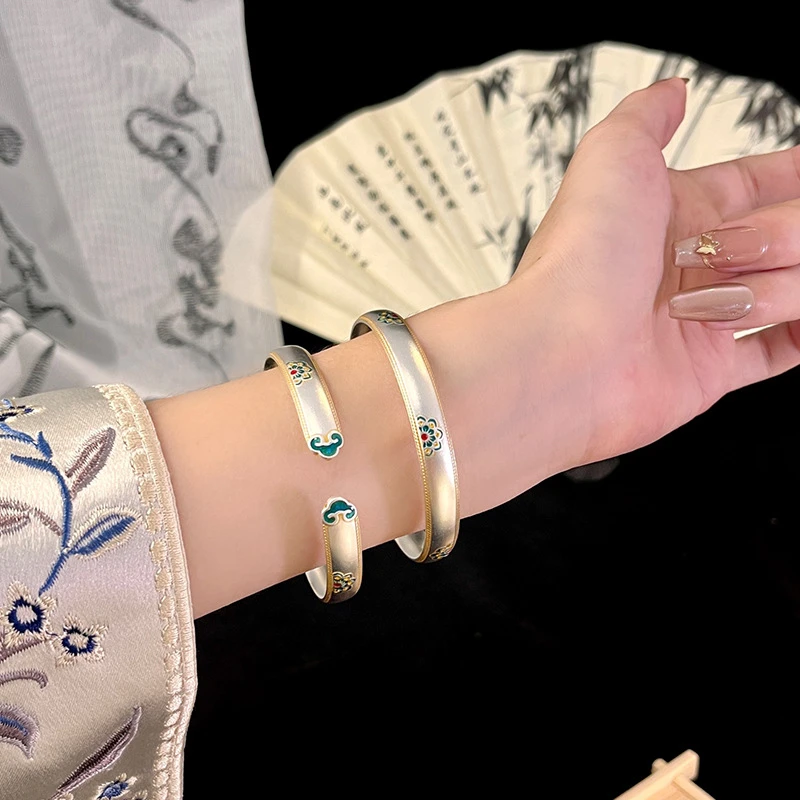 足银手镯 33克999.9足银宝相花珐琅彩如意祥云描金纯银手镯银镯子