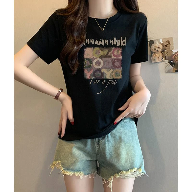 纯棉圆领短袖t恤女显瘦夏季新款可爱卡通秋冬修身印花圆领T恤