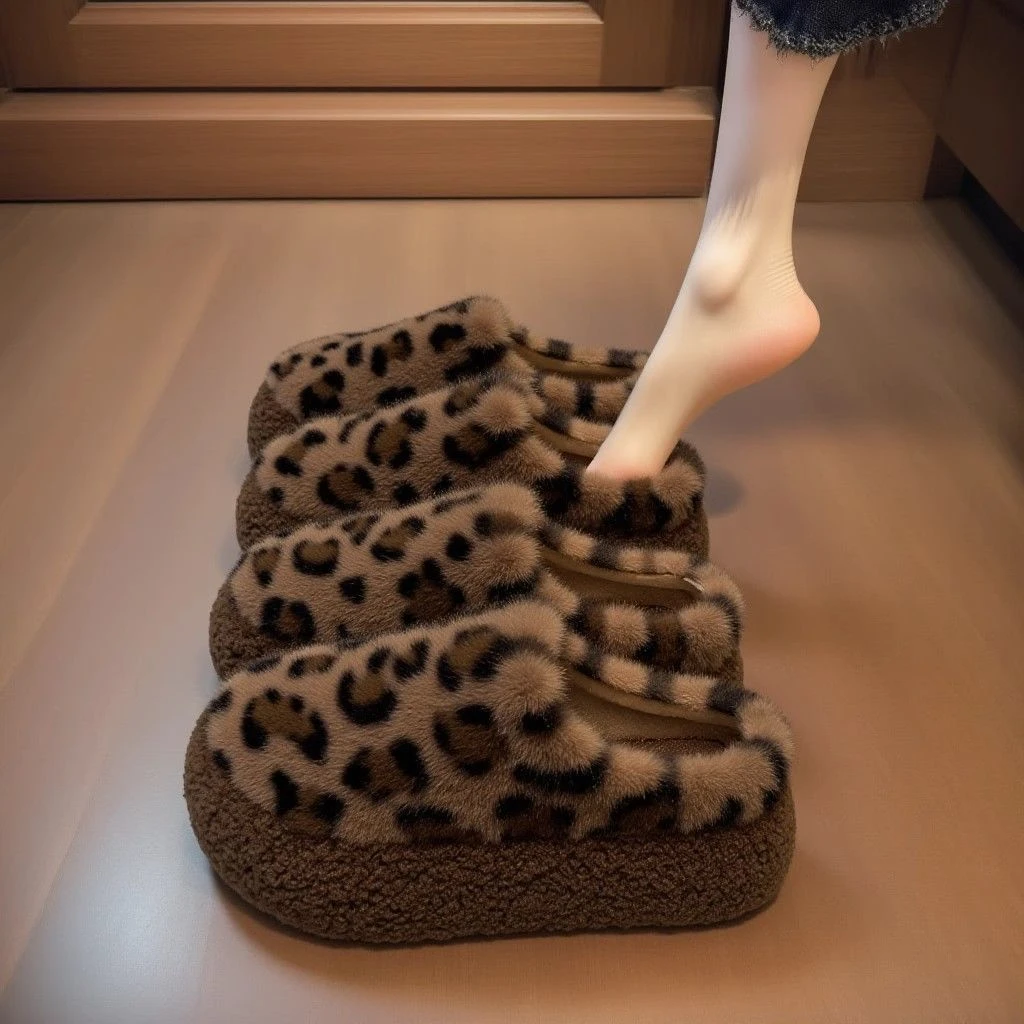 豹纹毛毛包头半拖鞋女秋冬外穿2025新款厚底外出无后跟懒人棉拖鞋
