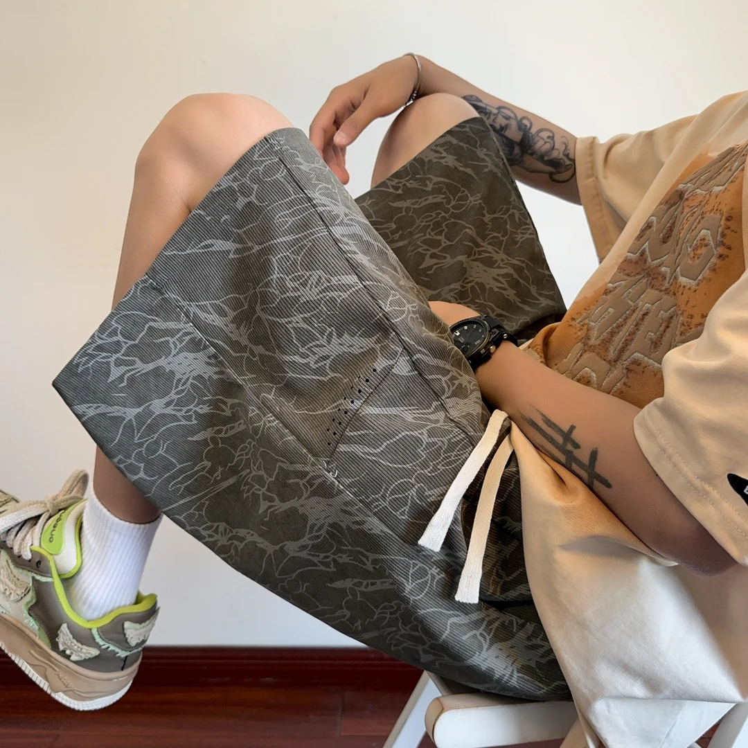 夏季男士宽松显瘦短裤美潮扎染五分短裤高街水洗透气抽绳直筒裤