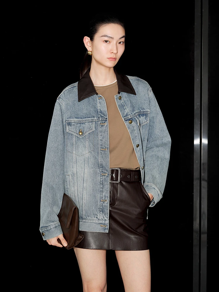 佳禾艾诺丝商场同款2025秋新款宽松百搭翻领牛仔外套女装AR103046