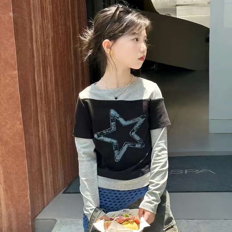 【高品质】巴拉拉女童假两件打底衫春秋装2025新款儿童休闲上衣韩版