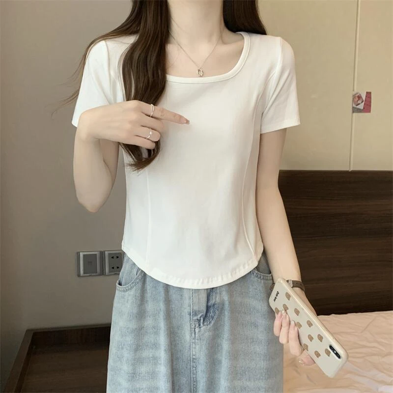 方领鱼骨短袖t恤女装韩国2024夏季修身显瘦短款辣妹锁骨正肩上衣